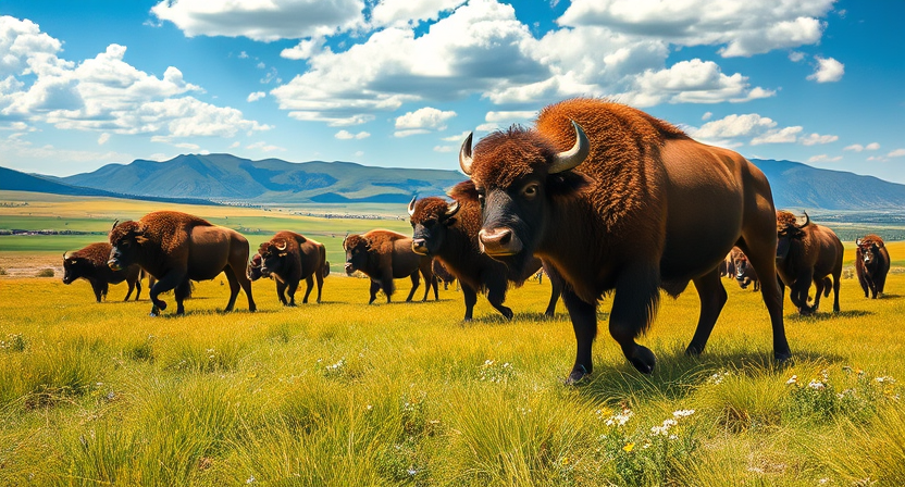 A buffalo herd grazing in a grassland.