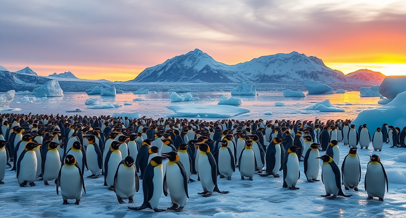 A penguin colony on an icy landscape.