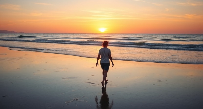 A person walking alone on a beach during sunset, illustrating mindfulness and calmness